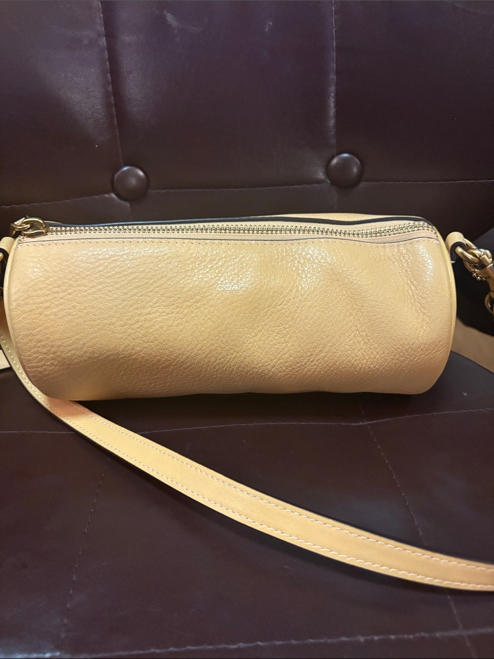 Womens Beige Leather Cylinder Crossbody Bag